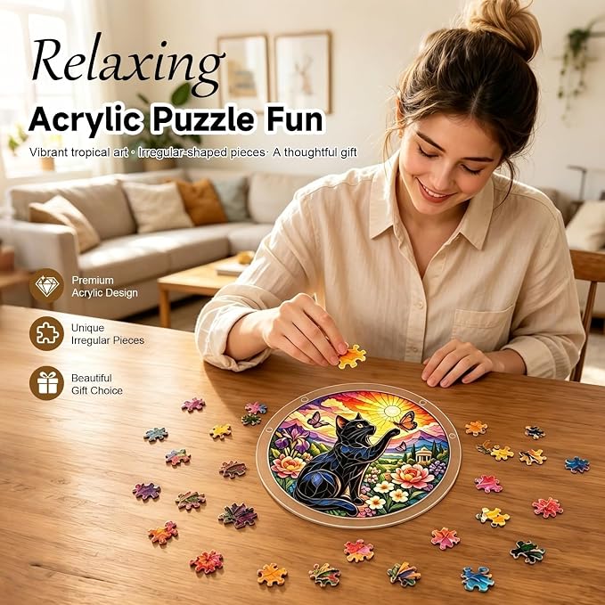 Acrylic Puzzle Suncatcher - Black Cat Jigsaw Puzzle Sun Catcher 7.5in | Stained Glass Window Hanging, DIY Sun Catcher Puzzle Kit Home Decor, Gifts for Women, Men, Mom and Cat Lovers.