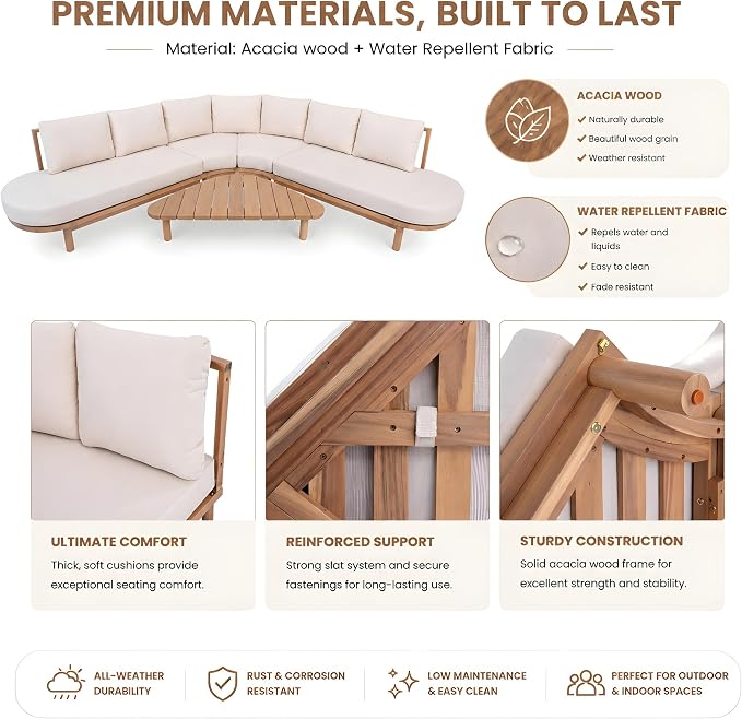Christopher Knight Home Gemsy 118" Acacia Wood Outdoor Patio Furniture Set with Cushion, Outdoor Half Moon Curved Sectional Sofa Set with Coffee Table, Patio Sectional Sofa Set, Beige+Light Teak