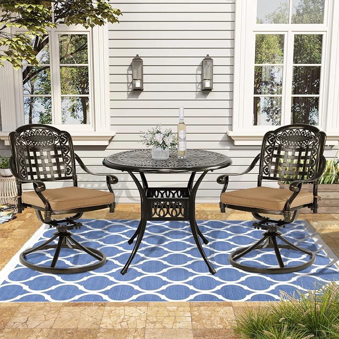 VIVIJASON 3-Piece Patio Bistro Set, Outdoor All-Weather Cast Aluminum Furniture Dining Set, Include 2 Swivel Chairs and 34.5" Round Table w/Umbrella Hole for Balcony, Lawn, Garden, Antique Bronze