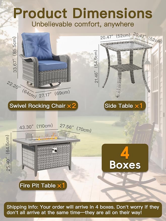 7-Piece Outdoor Conversation Set with 43" Fire Pit Table, 4 Swivel Rocking Chairs (4" Cushions) & 2 Side Tables, All-Weather PE Rattan & Steel Frame for Porch, Deck, Backyard, Blue
