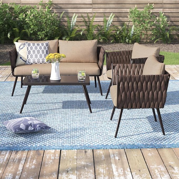 Barton 4 Piece Bistro Sofa Set w/Cushions Coffee Table Outdoor Patio Wicker Rattan Furniture Space Saving