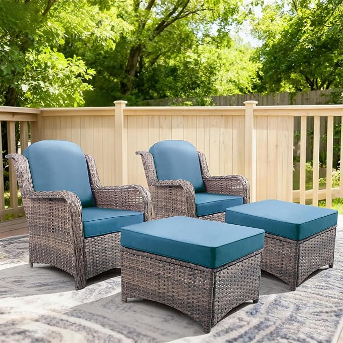 4 Piece Outdoor Wicker Patio Furniture Set, Patio Chairs Set with Thickened Cushions, High Back and Deep Seating, Hand-Woven Rattan, Ottoman for Porch, Deck, Peacock Blue