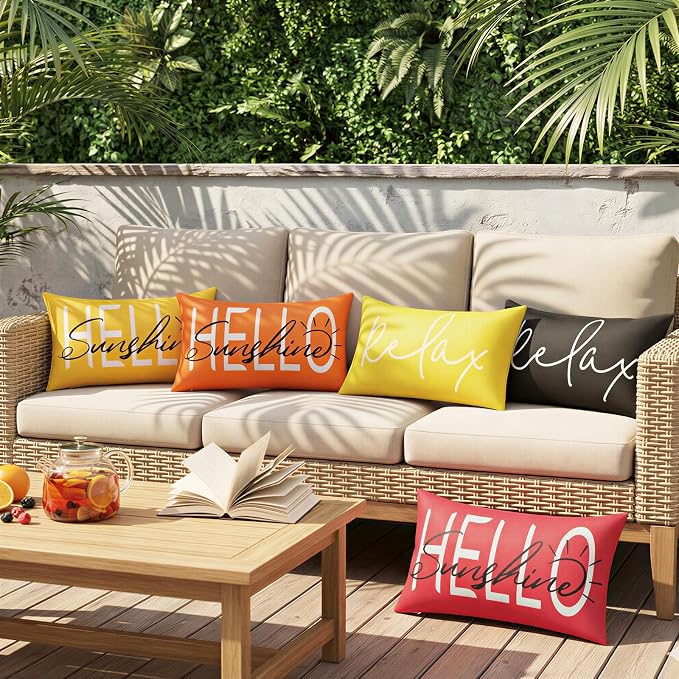 Lewondr Waterproof Outdoor Throw Pillow Cover, 12×20", Yellow | 2 Pack, Hello Sunshine Printing, Summer Garden Decor, For Patio Sofa, Balcony Couch, Bench Porch