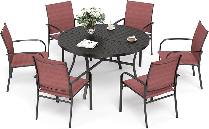 SUNSHINE VALLEY 7 Piece Outdoor Dining Set for 6, 54" Round Metal Table with Umbrella Hole, 6 Red Dining Chairs, Patio Table and Chairs Set for Backyard Lawn