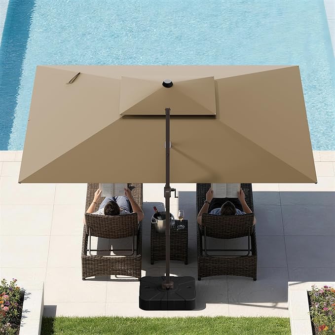GENTEACO 9x12FT Cantilever Patio Umbrella, Double Top Rectangle Offset Umbrella 7 Angle Tilts & 360° Rotation, Large Heavy Duty Outdoor Sun Umbrella for Pool Market, Tan