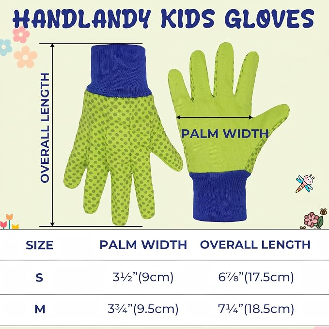 HANDLANDY 4 Pairs Kids Gardening Gloves, Cotton Kids Work Gloves, Green, M | Girls Boys Children Garden Yard Work Play Cycling Gloves with Knit Wrist, Cute Pattern, Gift