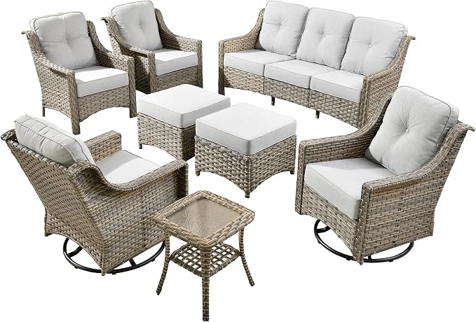 8 PCS Outdoor Patio Furniture Sets,Patio Conversation Sets Outside Rattan Soft Cushion Sofa with 2 Wicker Rocking Chairs Soft Cushion Fit Backyard Porch Garden Poolside Balcony,Light Grey