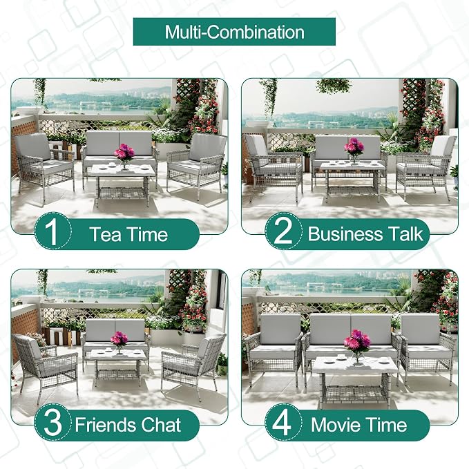 DECMICO 4 Pieces Outdoor Patio Furniture Set, Wicker Rattan Chairs & Loveseat Couch with Side Table and Cushions, All-Weather Patio Seating Set for Backyard, Deck, Porch (Light Gray)