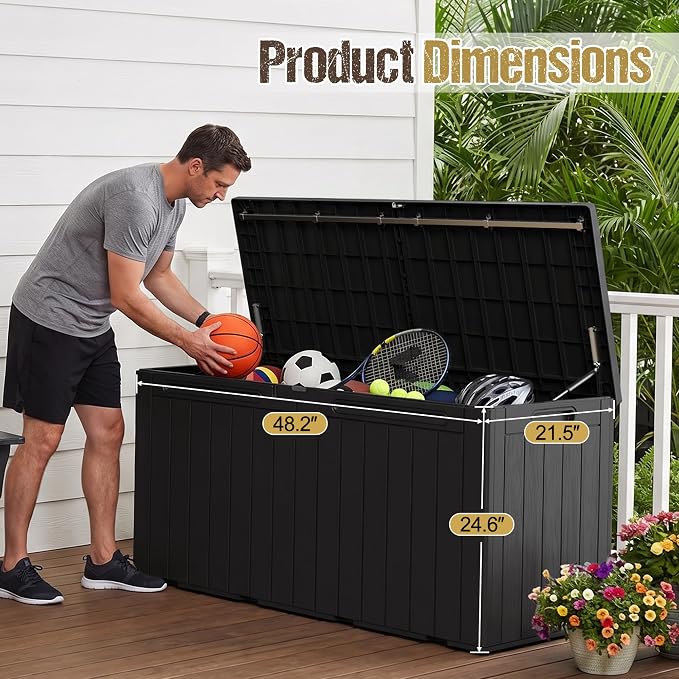 110 Gallon Deck Box Outdoor Indoor Waterproof Storage Box for Patio Furniture, Pool Accessories, Garden Tools, and Cushion Storage, Black