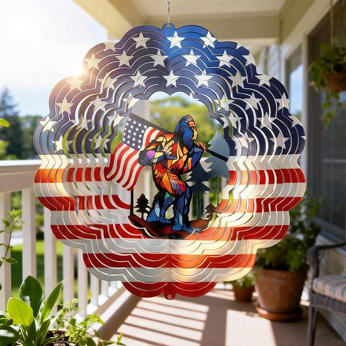 Bigfoot Garden Decoration 12 Inch Wind Spinner with Sasquatch | Outdoor Garden Decor 12 Inch Stainless Steel, Hanging Yard Art for 250th Patio & Indoor Use, Gifts for Men Dad Husband