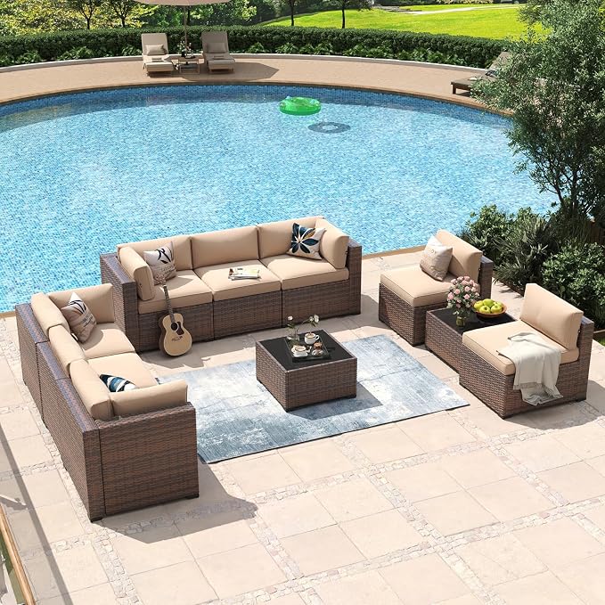 Aoxun 10 Piece Patio Furniture Set Wicker Rattan Patio Conversation Set Outdoor Sectional Sofa Set with Coffee Table and 4” Thickened Cushions, Beige
