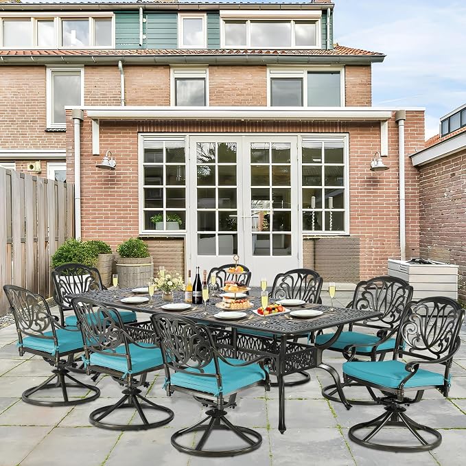 9-Piece Patio Cast Aluminum Dining Set, Outdoor Dining Furniture Set for 8 Person, Includes 94.5" Rectangular Dining Table and 8 Swivel Chairs with Umbrella Hole, Ocean Blue