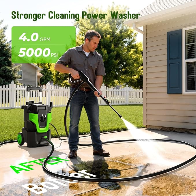 Heavy Duty MAX5000 PSI Pressure Washer, 3-Speed Adjustable Power Washer with 2-Stage Pull Rod, 4 Nozzles, Foam Cannon & 500ml Soap Bottle for Car, Home & Outdoor Cleaning,Green