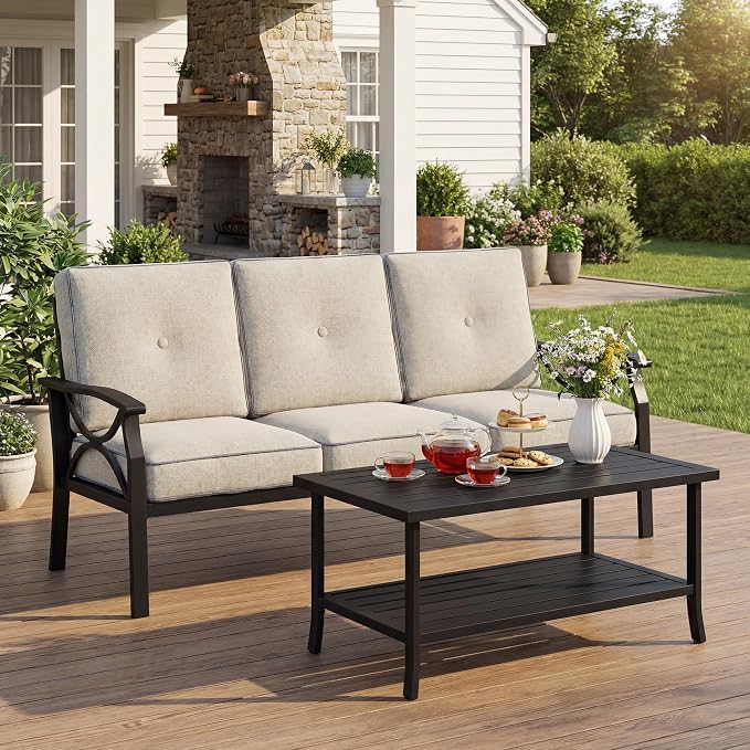 FansaFurn 3 Seats Outdoor Patio Furniture Set, Outdoor Metal Sectional Furniture with Cushions, Outdoor Conversation Set with Coffee Table for Deck, Balcony, Backyard, Garden, Black