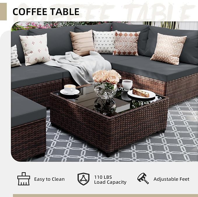 UPHA 7 Pieces Patio Furniture Sets, Wicker Outdoor Sectional Sofa Couch with Coffee Table, Patio Conversation Set for Deck Backyard Garden, Brown Rattan, Dark Gray Cushion