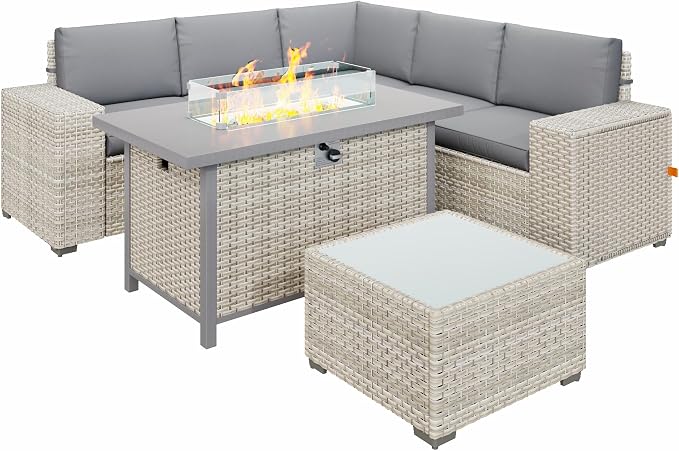 7 Piece Patio Furniture Set, 8" Wide Arm Sectional Sofa Set with 50000 BTU Propane Fire Pit Table & Coffee Table, Rattan Outdoor Conversation Set for Garden, Porch, Lawn, Gray