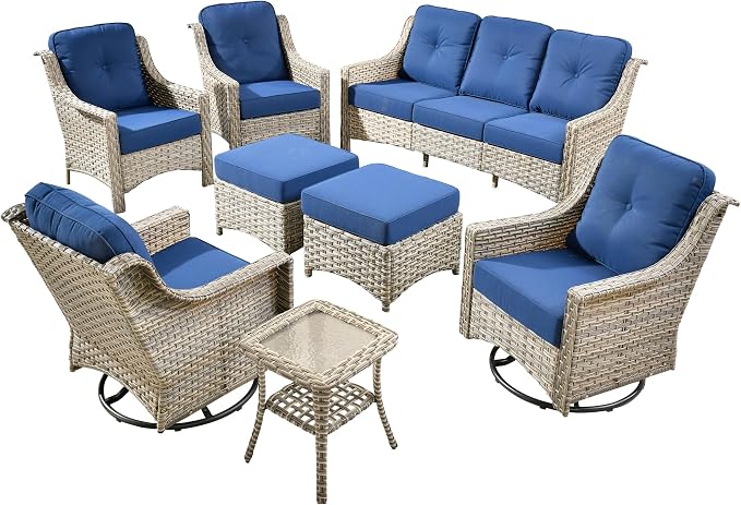 8 PCS Outdoor Patio Furniture Sets,Patio Conversation Sets Outside Rattan Soft Cushion Sofa with 2 Wicker Rocking Chairs Soft Cushion Fit Backyard Porch Garden Poolside Balcony,Navy Blue