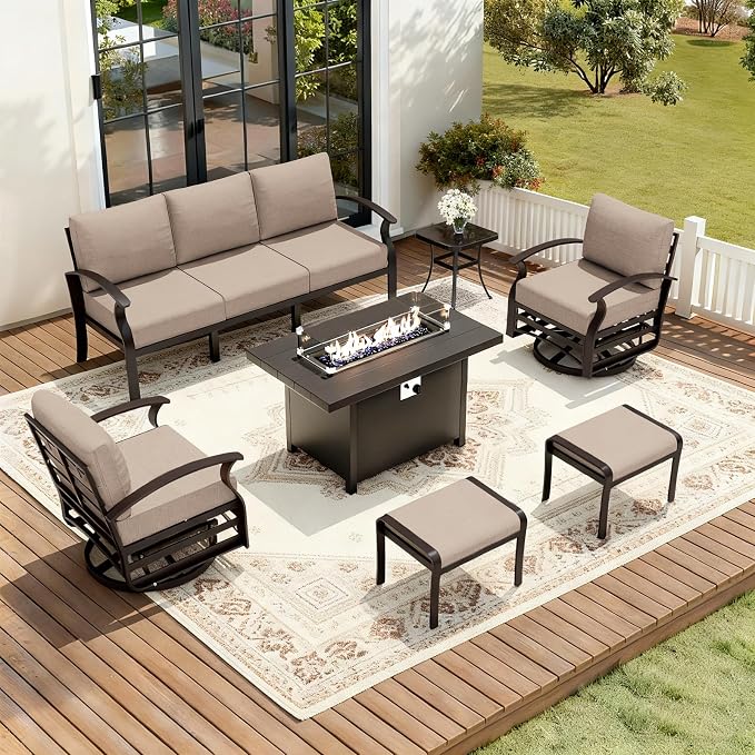 ALAULM Aluminum Patio Furniture Set with Propane Fire Pit Table 7-seat Metal Outdoor Furniture w/Swivel Chairs Patio Sectional Sofas w/2 Ottomans for Porch, Backyard, Poolside-Sand