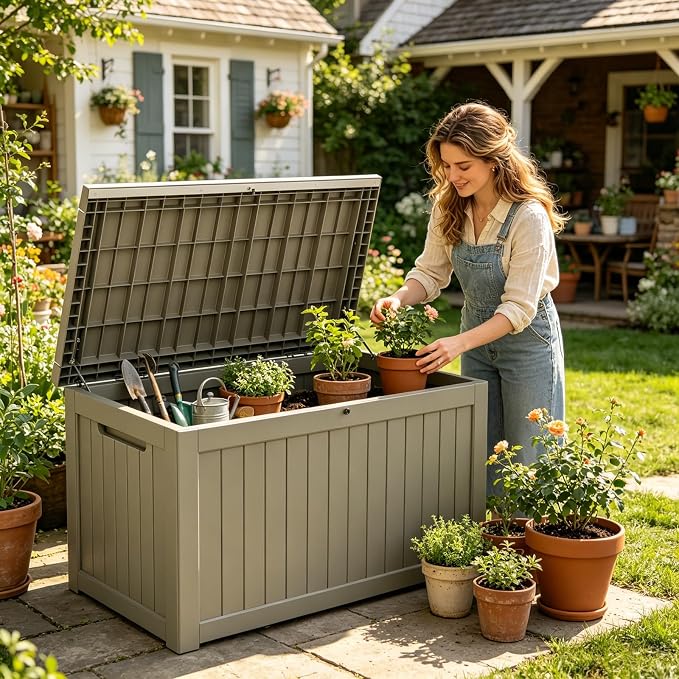 MAKINO 275 Gallon Resin Outdoor Storage Box, Waterproof Deck Box with Lockable Lid, Outside Storage Box for Patio Furniture, Pool Accessories, Garden Tools, Storage Bench for Backyard, Gray Brown