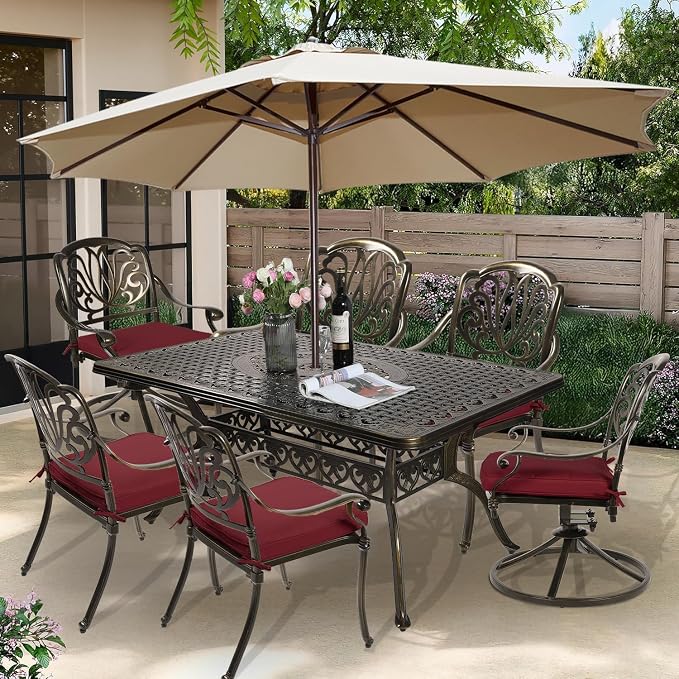 7-Piece Outdoor Patio Dining Set, 60” Rectangular Cast Aluminum Dining Table with Umbrella Hole and 4 Stationary, 2 Swivel Rocker Chairs, 6 Cushioned, Backyard, Patio, Garden, Red