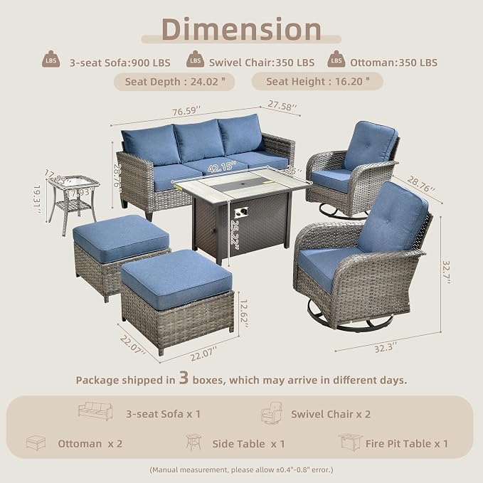 CAODOC 7 Pieces Outdoor Furniture,Patio Furniture with 42" Fire Pit Table,Wicker Conversation Set for Balcony,Deck,Pool and Backyard(Blue)