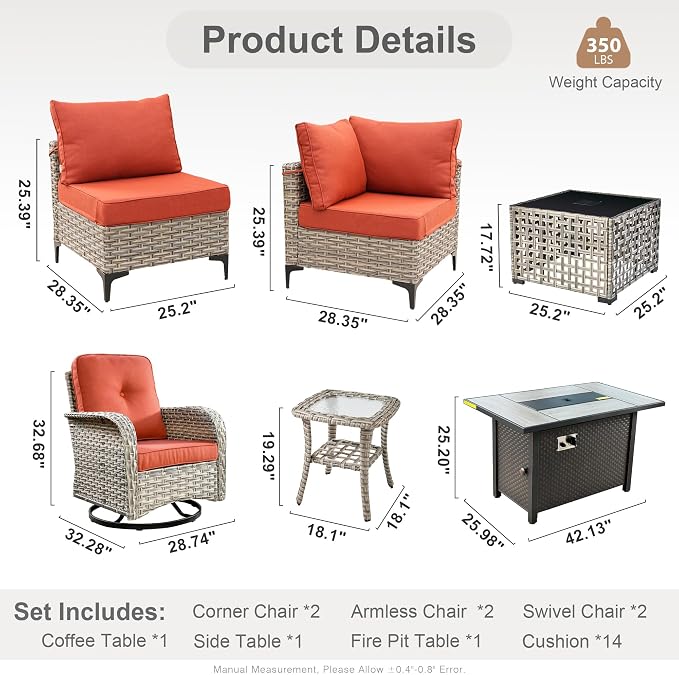 Outdoor Sectional Patio Furniture Set with Fire Pit Table,9 Pieces Rattan Wicker Conversation Sets L Shaped Couch,Outside Furniture with Swivel Chairs Glowing Coffee Table,Orange