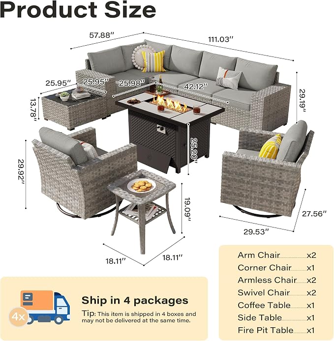 10 Pieces Outdoor Patio Sectional, Wicker Patio Furniture Set with 42 inch Fire Pit Table, All-Weather L Shaped Patio Conversation Set with Swivel Chairs, for Backyard Porch Yard,Dark Grey