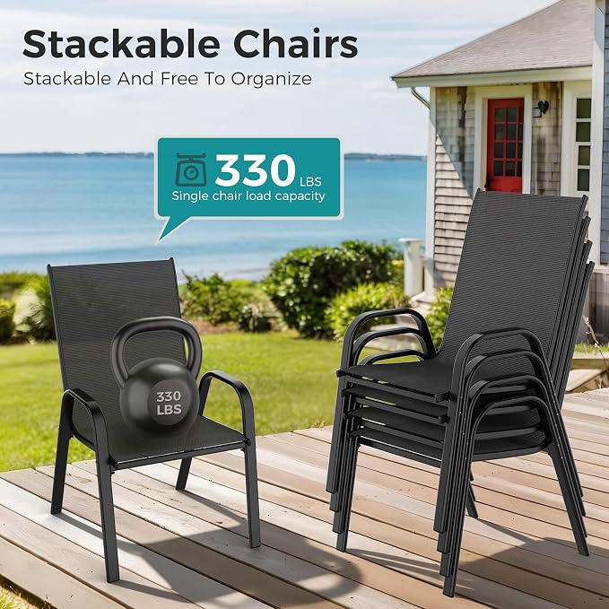 Pamapic Outdoor Dining Sets for 6, Rectangular Steel Slat Table with 6 Textilene Chairs, 7 Piece Patio Table and Chairs Set with Umbrella Hole for Patio, Backyard, Poolside (Black, No Umbrella)