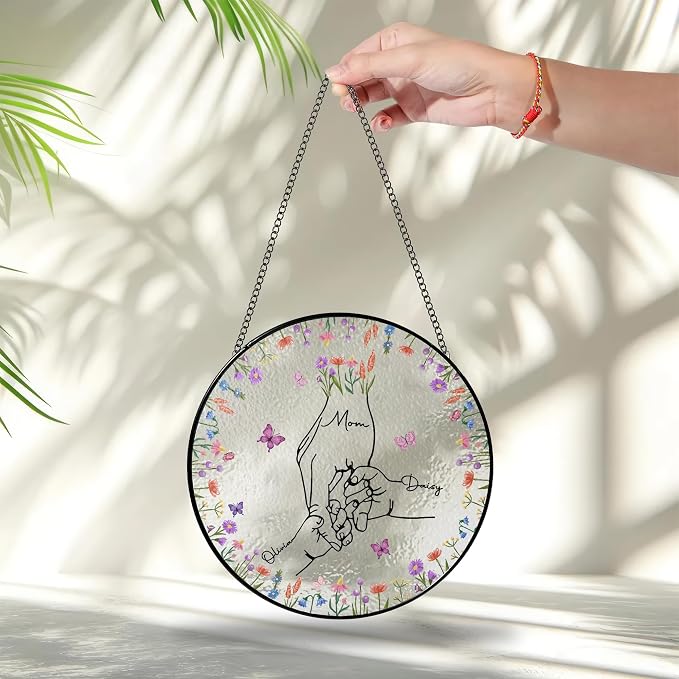 Personalized Family Hand Holding Suncatcher - Custom Number of Hands & Names - Stained Glass Window Hanging - Mother's Day, Birthday Gift for Mom, Grandma (Mom Hand Holding Kids)