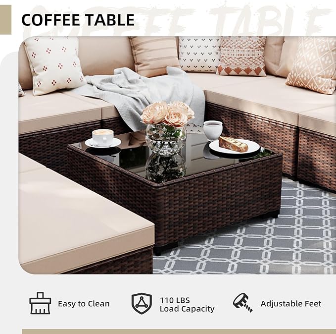 UPHA 9 Pieces Patio Furniture Sets, Wicker Outdoor Sectional Sofa Couch with Coffee Table, Patio Conversation Set for Deck Backyard Garden, Brown Rattan, Beige Cushion