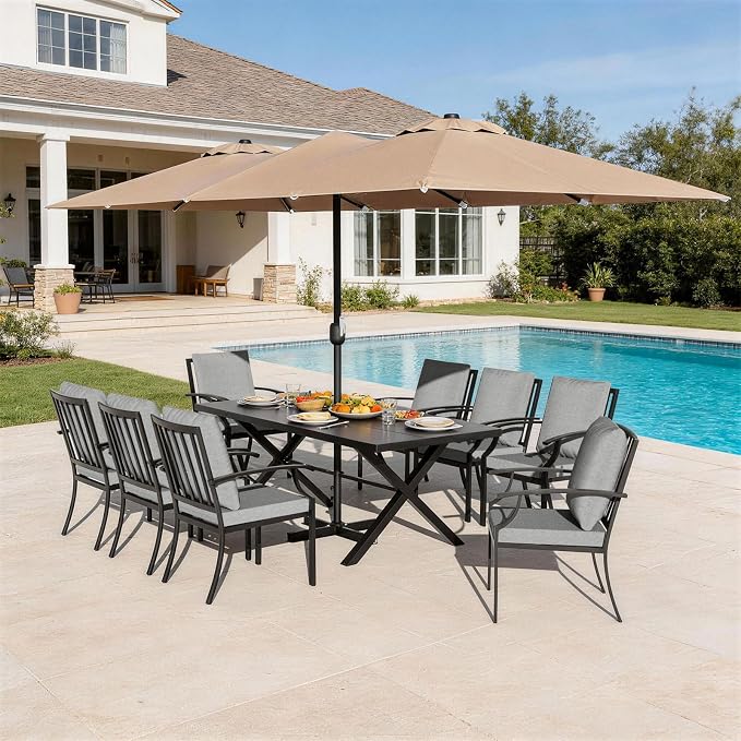 10-Piece Patio Dining Set,Metal Outdoor Furniture Set Includes 13.6FT Sand Umbrella,Hole Cut-Out 78.7" x 35.4" Table and 8 Metal Backrest Chairs for Backyard,Garden,Grey