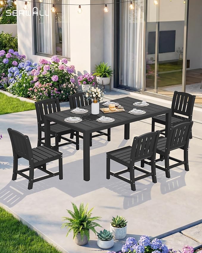 SERWALL Outdoor Patio Dining Set for 8, Black | 60" - 83" Expandable Outdoor Dining Table and 8 HDPE Chairs, All Weather Material Outdoor Furniture Set Backyard, Garden