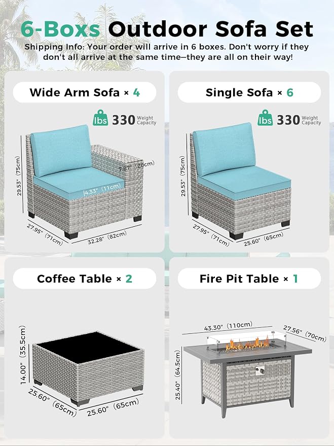 13 Piece Outdoor Wicker Sectional Sofa Set with 55,000 BTU Fire Pit Table, 10-Seats with 4" Thickened Cushions & Coffee Table, All-Weather PE Rattan for Garden, Backyard, Porch, Turquoise