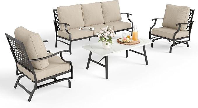 MIXPATIO Patio Furniture Set 4 pcs, Outdoor Patio Furniture, 3-Seat Sofa, 2 Rocking Chairs, Metal Coffee Table and 5.75" Extra Thick Cushion, Patio Conversation Set for Garden Backyard Deck,Beige