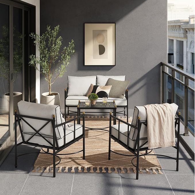mopio Odelia Patio Furniture Set of 4, Outdoor Sectional Conversation Set, Small Metal Backyard, Front Porch, Balcony Furniture for Apartments, with 2 Patio Chairs, Loveseat, Coffee Table