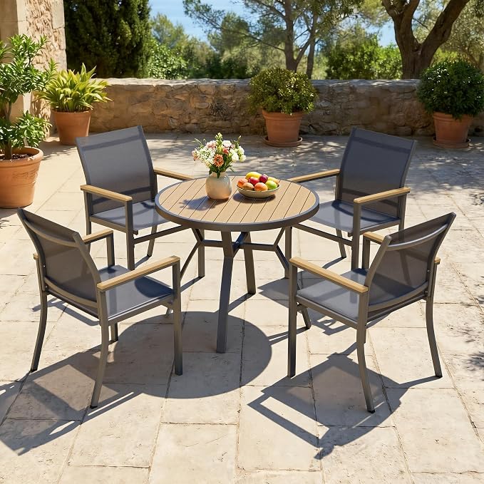 5-Pieces Aluminum Patio Table and Chairs Set, Outdoor Patio Furniture Set with Heavy Duty HDPS Round Table, All-Weather Outdoor Dining Set with Quick-Drying Breathable Textilene Chairs for Porch