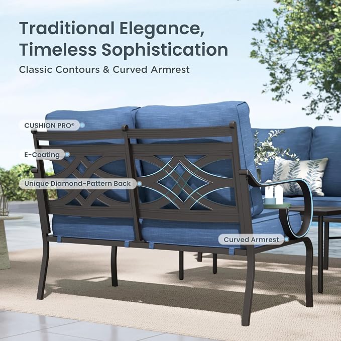 PHI VILLA Patio Furniture Set, 4 Rocking Chairs and a 28" Square Fire Pit Table, Outdoor Metal Conversation Set with 5.75" Extra Thick Cushion for Garden Backyard Deck, Navy