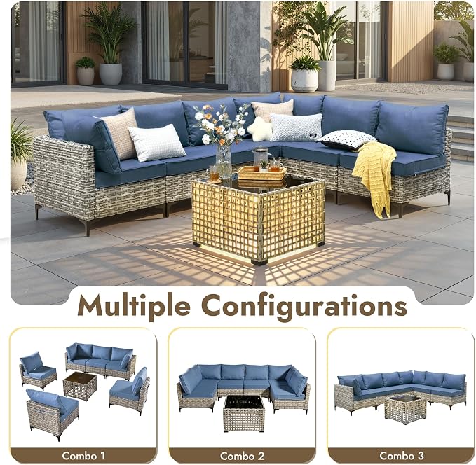 7 Pieces Patio Furniture Set with Solar Light Coffee Table, All-Weather Rattan Outdoor Sectional Conversation Sets L Shaped Sofas with Thick Cushions for Porch Balcony Backyard Denim Blue