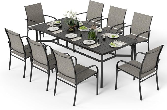 MIXPATIO 9 Pieces Patio Table and Chairs Set, Patio Dining Set for 8, 8 Brown Textilene Chairs and 83” Rectangular Patio Dining Table with Umbrella Hole, for Deck Backyard Lawn Poolside