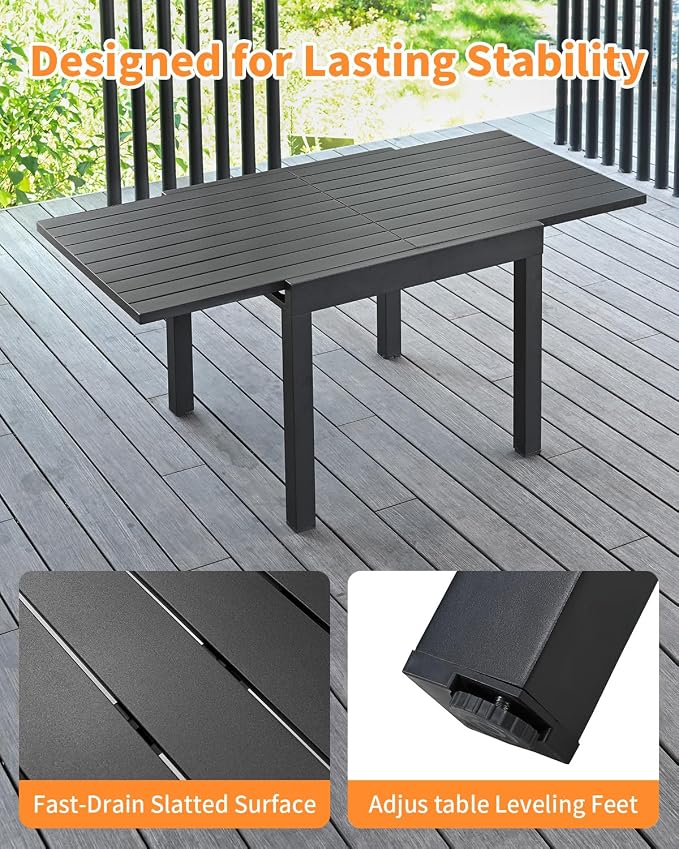 5 Pieces Outdoor Dining Set, Never-Rust Aluminum Expandable Patio Dining Table Set, 32"-65" Extendable Dining Table and Stackable Textilene Dining Chairs for Backyard, Deck, Indoor, Black
