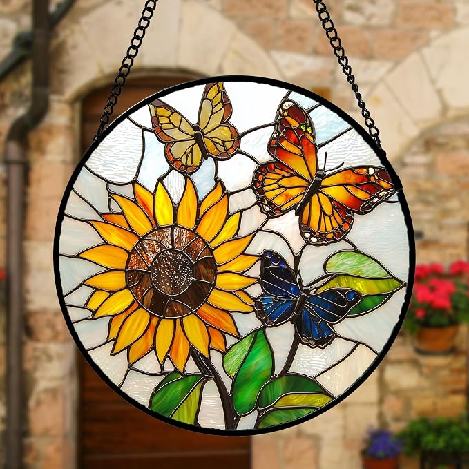 DASTOLL Stained Glass Window Hanging, Butterfly and Sunflowers Sun Catchers Glass Panel Plant Insects Suncatcher Decor for Birthday for Women, Men, Wife, Aunt, and Mom 9.8 in