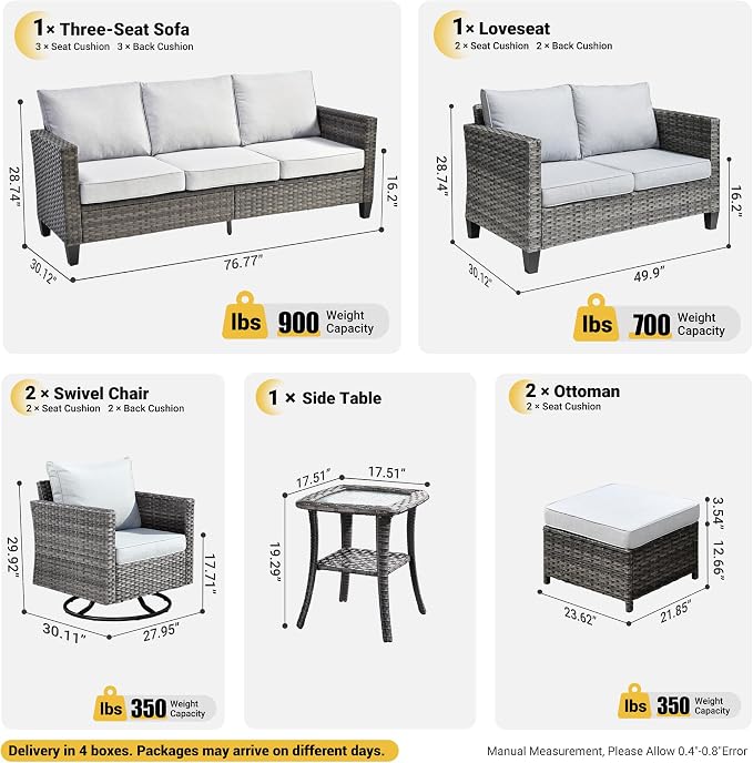 ovios 7 Pieces Patio Furniture Set, Outdoor Wicker Sofa with Rocking Swivel Chairs, Glider Chairs Rattan Couch with Comfy Cushions All Weather Conversation Set, Grey
