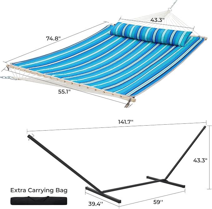 SUPERJARE 12ft Double Hammock with Stand, Rope Hammock for 2 Person, Detachable Hammock Bed and Pillow, Portable, Anti-Tip Safety Ropes, Carry Bag, Outdoor Backyard Patio, Turquoise Green Stripes