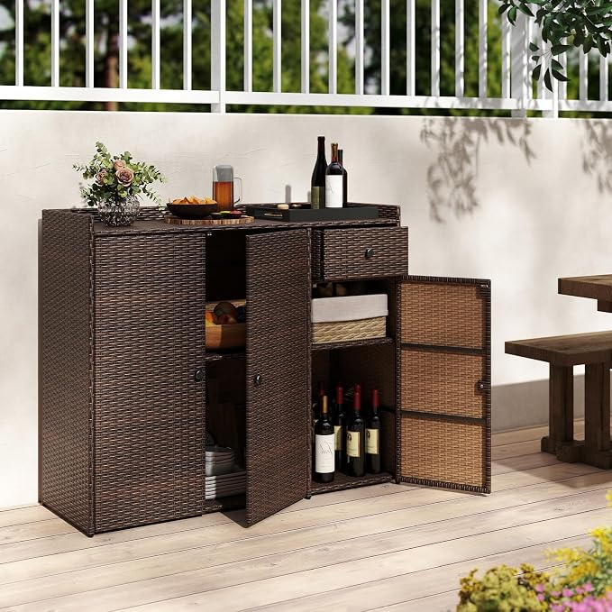 Tangkula Rattan Outdoor Storage Cabinet, Patiojoy Outdoor Cabinet with 2 Adjustable Shelves, 1 Drawer, 3 Doors, Patio Storage Deck Box Table for Patio Garden Poolside