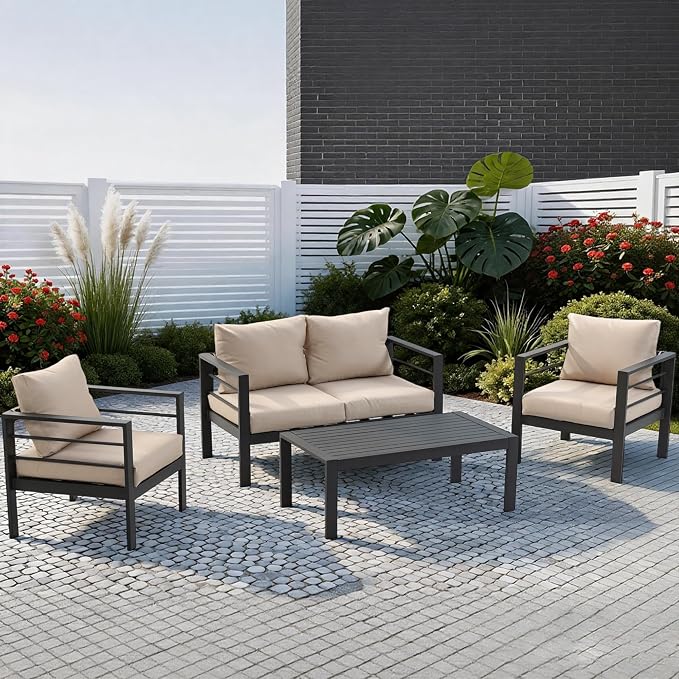 4 Piece Heavy Duty Metal Patio Furniture Set, Outdoor Conversation Set w/High Weight Capacity, All-Weather Classic Iron Sofa with Coffee Table & Washable Thick Cushions for Deck, Porch, Beige