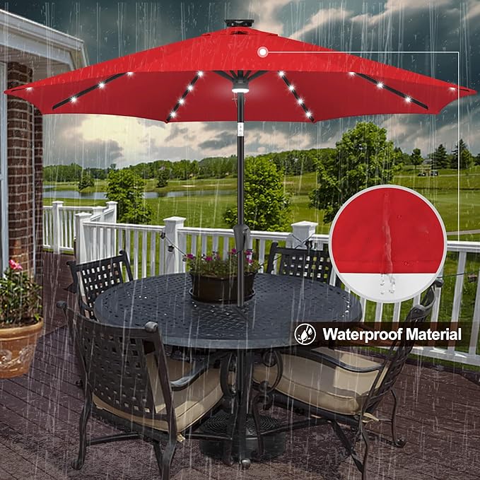 FLAME&SHADE 9 ft Patio Umbrella with Solar Lights, 40 LED Lighted Table Outdoor Umbrella for Deck, Pool, Porch, Backyard, Market, Garden, 8 Sturdy Ribs, UV Protection, Red