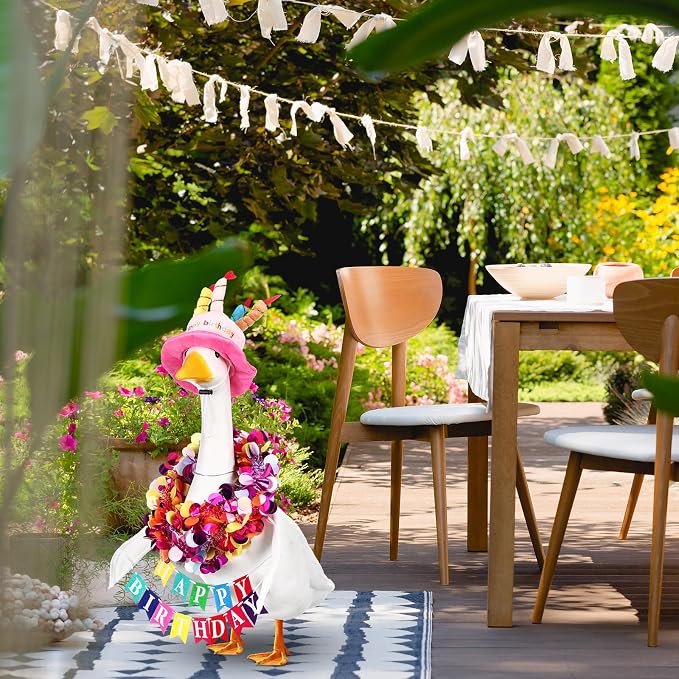 Abbylike 4 Pcs Happy Birthday Porch Goose Outfit for 23" Statues Poseable Porch Goose Wings Birthday Cake Hat for Lawn Patio Outdoor Geese Statue Decoration Accessories(Pink,Classic Style)