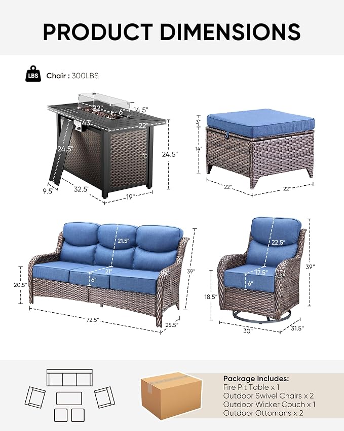 HUMMUH 6 Pieces Patio Furniture Set with Fire Pit High Back Outdoor Furniture Set 6-inch Cushions Wicker Patio Swivel Rocker Chairs for Balcony Garden,Lawn,Deck