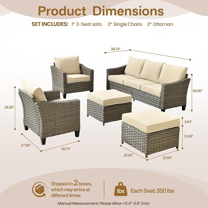 CAODOC 5 Pcs Patio Conversation Set for 7 Seats, Rattan Wicker Outdoor Patio Furniture Set, 2 x Single Chair, 2 x Ottoman, 3-Seat Sofa for Lawn Garden Backyard(Dark Grey)