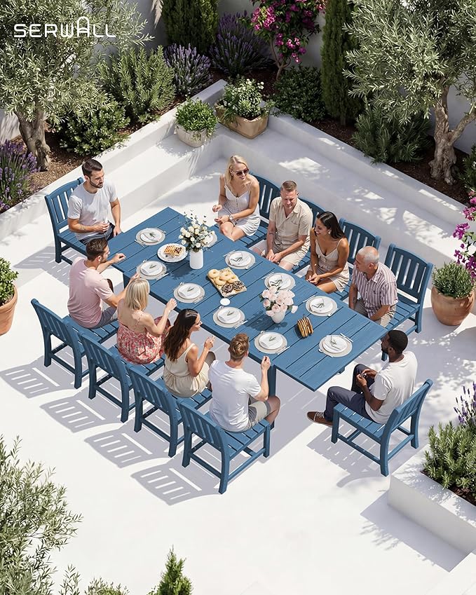 SERWALL Outdoor Dining Chairs Set of 2, All-Weather HDPE Patio Armless Chairs, Blue